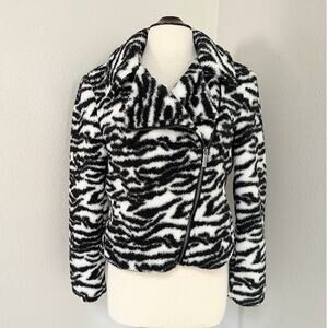 Sanctuary Abstract Moto Jacket Textured Tiger Teddy Fleece Black and White Small